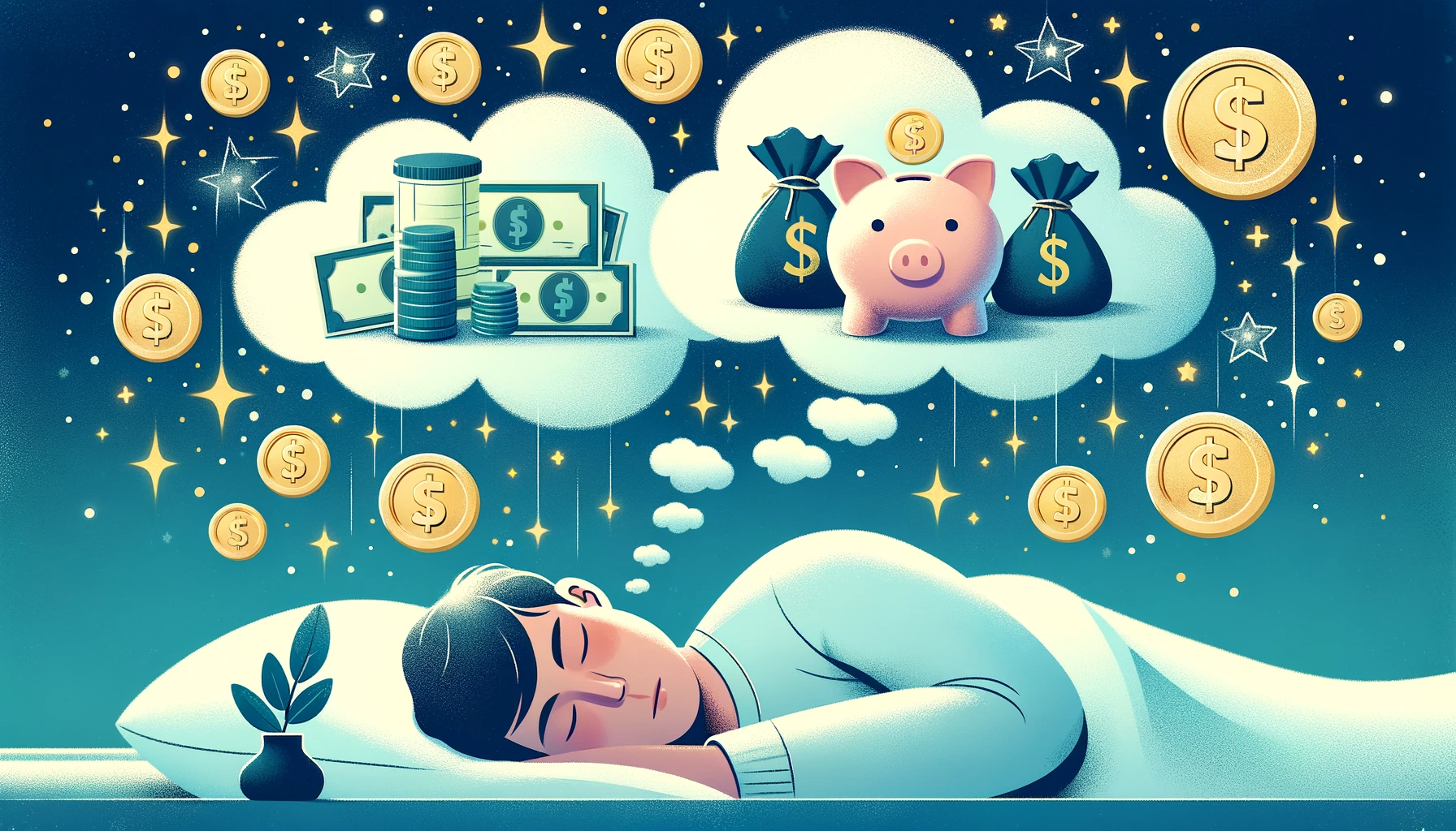 Eine horizontale Illustration zum Thema "Traumdeutung Geld: Wie Träume deine Finanzen widerspiegeln". Das Bild zeigt eine schlafende Person mit einer Traumwolke über dem Kopf, in der Symbole für Finanzen wie Münzen, Geldscheine und Sparschweine erscheinen. Der Hintergrund ist ein ruhiger, sternenklarer Nachthimmel mit einem subtilen Farbverlauf in Blau-, Weiß- und Goldtönen.